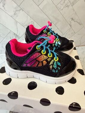 Girls' Black Sneakers with Pink Lining and Iridescent Wing Detail